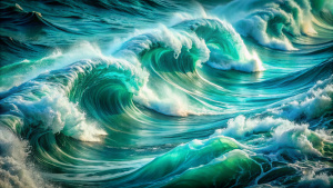 A blend of deep teal and light seafoam green with swirling patterns that mimic ocean waves