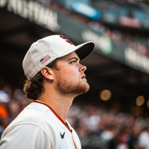 Christian Arroyo, white baseball cap and jersey, intense look. Crowd blurred in the background of stadium.