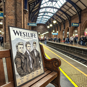 Westlife poster on a vintage wooden bench at the bustling King's Cross station. Overhead signs and yellow line tracks visible. Crowds of people and brick architecture.