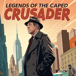Movie poster for 'Legends of the Caped Crusader'. Ian McKellen as Alfred Pennyworth. Retro-inspired color palette. Cityscape background. Comic book art style.