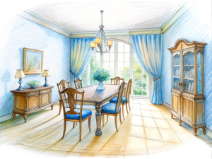 a sketch of a dining room