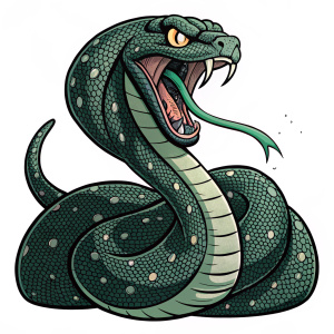 Cartoony snake in vintage comic book style. Dark green with textured dots, menacing, muscular body. Bold, sharp eyes. Mouth wide open, green tongue. Dark green color palette. Flat illustration.