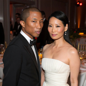 Pharrell Williams and Lucy Liu at gala dinner. Formal wear, focused expressions. White strapless gown, black suit. Elegant setting, ambient lighting, dining table.