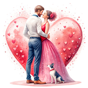 valentine,pink,liberty hold heart,white background,couple dog,no cloth