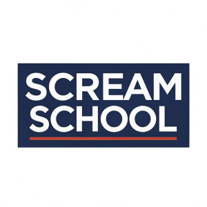 Logo for Scream School. Modern design featuring two text blocks. Words 'SCREAM' and 'SCHOOL' in bold, clear font. Simple, sleek style.