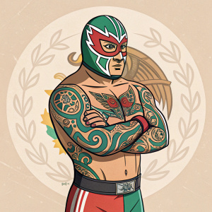 Cartoon illustration of Rey Mysterio, a luchador. He is masked, muscular, with vibrant tattoos. Set against an abstract, earth-toned Mexican-inspired background, this flat graphic style artwork is perfect for a comic book or graphic novel.