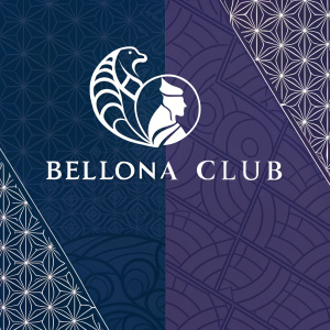 Logo design for Bellona Club featuring sleek, modern geometric patterns on the left half and a solid dark purple shade on the right half, all in a dark blue color scheme.