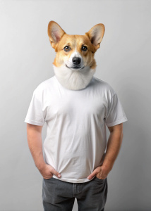 A cors in human form in a full-length white T-shirt