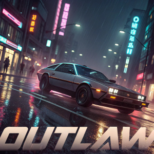 A DeLorean car from the video game 'Outlaw'. Sleek design, angular lines. Dark cityscape with neon signs. Rain-soaked streets. 'Outlaw' logo at bottom.