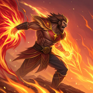 Udyr in Phoenix Mode, glowing with intense flames. Dynamic, vivid artwork showcasing fierce energy and movement. Fiery background