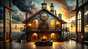  inside a steampunk house, realism, perfect composition, low detailed, 4D,