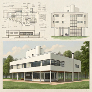 Detailed architectural plans and elevations of Villa Savoye. Le Corbusier's work featuring modernist design philosophy. Precise lines showcasing walls, windows, and other elements suitable for construction planning.