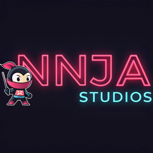 The Ninja Studios logo, a sleek and modern design. Bold neon colors, graphic representation of the brand name, and a cartoon ninja character.