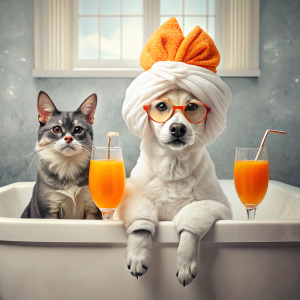 A FLUFFY WHITE CAT WITH A TURBAN ON ITS HEAD MADE OF A TOWEL IS SITTING IN THE BATHROOM WITH FOAM NEXT TO HER A BLACK DOG IN ORANGE GLASSES ON THE EDGE OF THE BATHTUB THERE ARE TWO COCKTAILS BACKGROUND LUXURY SPA SALON WIDE ANGLE