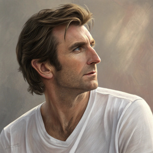 Close-up portrait of Sharlto Copley, medium build, fair skin, medium haircut. Wearing an untucked white t-shirt. Soft lighting highlights his facial features and clothing. Neutral background.