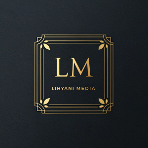 Logo design for Lihyani Media. The 'LM' initials are stylized in a sleek, modern font within a minimalist border. Dark background with gold text