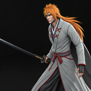 3D render of a character inspired by Ichigo Vasto Lord from Bleach. The character has a pale complexion, long orange hair, and a determined stance. He wears a gray outfit with red accents and holds a large black sword with a detailed hilt. The background is a uniform black void.
