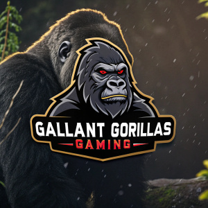 Fierce gorilla mascot for Gallant Gorillas Gaming. Intense, muscular gorilla face in close-up. Background is dark and rugged. Brand name 'Gallant Gorillas Gaming' prominently displayed below.