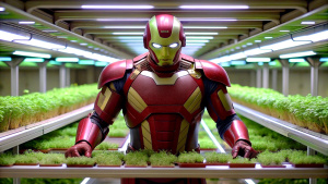 iron man meticulously growing microgreens