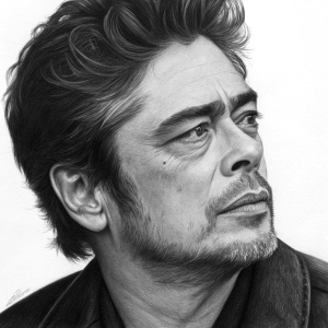 Benicio Del Toro, an acclaimed actor, captured in a detailed charcoal drawing. The artwork focuses on his facial contours and the intensity of his gaze.