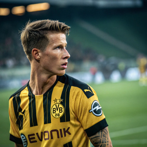 Erik Durm, soccer player, intense focus, short hair, forearm tattoo. Striped jersey with logo and sponsor logos. Soccer field and blurred stands.