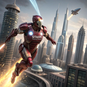 3D model of Iron Man. Stark Industries logo prominent. Futuristic cityscape background.