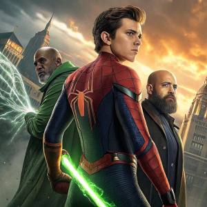 Tom Holland, alongside a bald actor and a bearded character, wielding a green energy weapon, in a promotional poster for Spider-Man: Far From Home. Dynamic action pose.