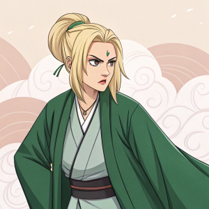 Digital artwork of Tsunade, the 5th Hokage, with a fierce expression. Blonde hair styled in a neat bun. Wearing green robes and traditional Japanese attire. Soft, pastel background.