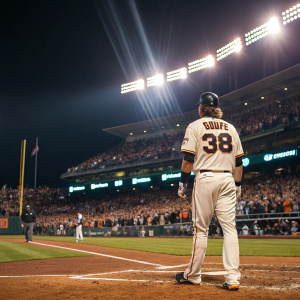 Michael Morse, baseball player, standing at home plate, wearing number 38 jersey. Bright stadium lights, crowd cheering in background.