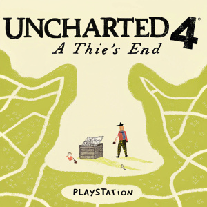 Game cover for Uncharted 4: A Thief's End. Vibrant blue background with intricate map design. Large title text 'Uncharted 4: A Thief's End' and the iconic PlayStation logo prominently featured.