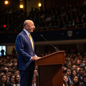 Lloyd Blankfein, former CEO of Goldman Sachs, addressing a packed auditorium. Wearing a navy blue suit and yellow tie. Bald head, standing confidently at the podium.