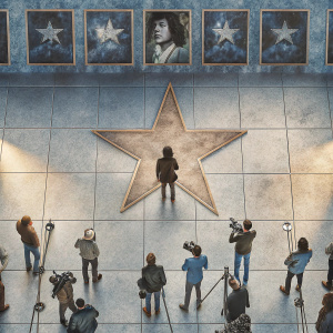 Golden star on Hollywood Boulevard dedicated to Carlos Santana. Surrounded by fans and tourists.