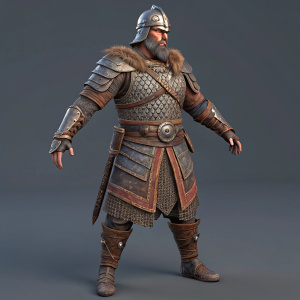 3D model of a fantasy warrior in elaborate armor. The character is standing assertively with a broad-shouldered silhouette, showcasing close-fitting armor that highlights muscular build. Armor features a blend of medieval and Viking styles with chainmail in brown and gray, rugged and textured. Rendered from multiple angles. Simple, neutral gray background.