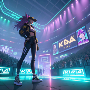 KDA Akali, the iconic League of Legends champion, standing in a vibrant, neon-lit virtual arena. Surrounded by pixelated fans and digital banners.