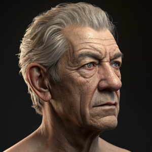 A digital close-up render of Ian McKellen's bust. Realistic lighting and detailed textures. Dark background