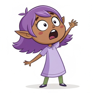 Digital illustration of an elf girl in shock. Brown skin, purple hair, light purple dress. Wide-eyed expression, dynamic pose with arms outstretched. Simple, stylized design with flat colors on plain background.