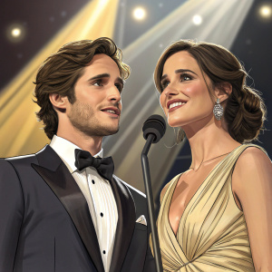 Diego Boneta and Natalia Gonzalez-Boneta attend the Lo Nuestros Awards. They are dressed in formal attire. Spotlighted on stage.