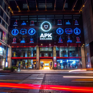 A sleek, digital marketing concept for APK Exchange. Bright, neon colors and futuristic elements on a black backdrop.