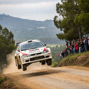 Rally car Mitsubishi Evo IX, white with Parilla and Pirelli logos, airborne on a dirt track. Spectators lining the road, trees and hills in the background.
