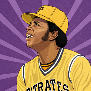 Illustration of Dock Ellis in vibrant flat colors. He's in a Pittsburgh Pirates jersey, yellow cap. Against a retro purple background with sunburst design.