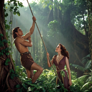 Photorealistic image of Johnny Weissmuller and Maureen O'Sullivan in 'Tarzan Escapes'. Jungle scene with dense greenery