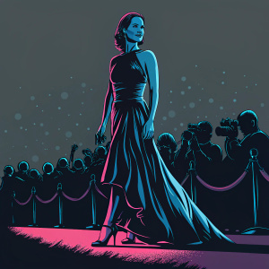 Natalie Portman, wearing a sleek black gown and strappy heels, attending a glamorous Hollywood award show.