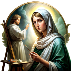 Saint Mary, the mother of Jesus, being portrayed on canvas by Saint Luke, in the studio, bright environment, painting in Michelangelo style, sacred work, painting full of details.