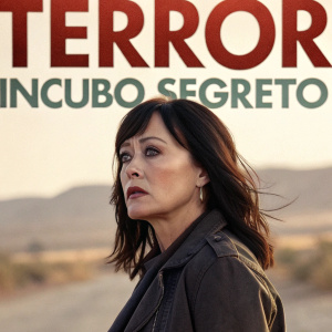Shannen Doherty on the movie poster of 'Terror Incubo Segreto'. Intense look, blurred desert background, title in bold letters.