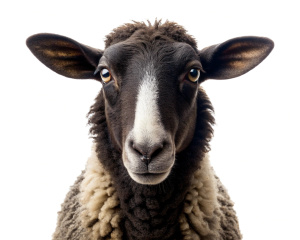 Studio portrait of black and white sheep isolated on white background 