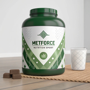 A detailed image of a huge green and white labeled bottle of plant-based protein powder. The Metforce Nutrition Sport logo is prominently displayed.