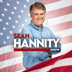 Promotional poster for Sean Hannity's show. Sean Hannity, Caucasian man, in a light blue button-down shirt, smiling. Background features stars and stripes, colors red, white, and blue. Bold text reads 'Sean Hannity Show'