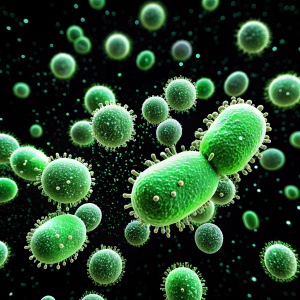 many small green bacteria particles on a black background