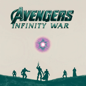Movie poster for Avengers: Infinity War. Glowing purple infinity stone in center. Comic-style illustration with action-packed scenes and characters like Iron Man and Thor. Stark, metallic colors with bold text.