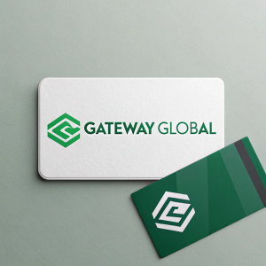 Gateway Global's modern logo, featuring green and white color palette. Business card design with sleek, geometric shape.
